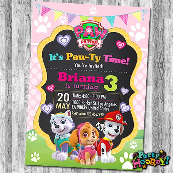 Invitaciones para Fiestas de paw patrol para niña