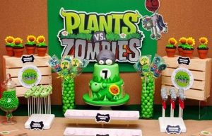 mesa del pastel decorada con tema plantas con zombies