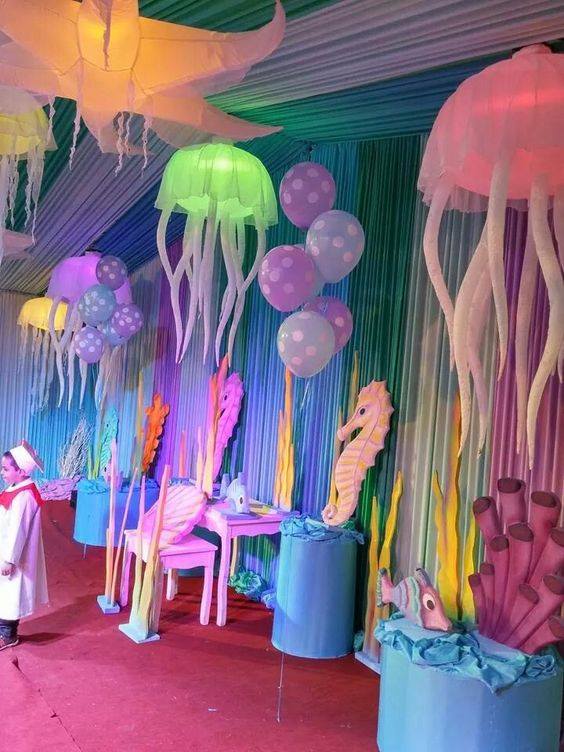 Decoracion con globo para fiesta temática del mar