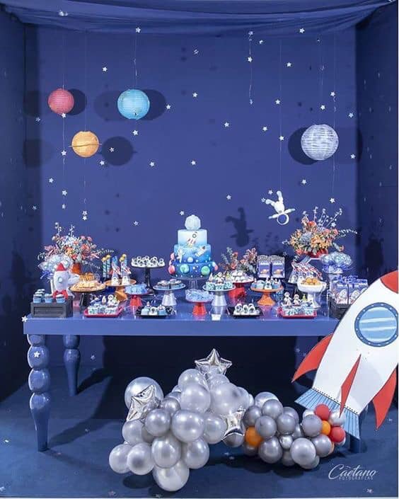 Decoracion con globos para fiesta temática de astronauta 